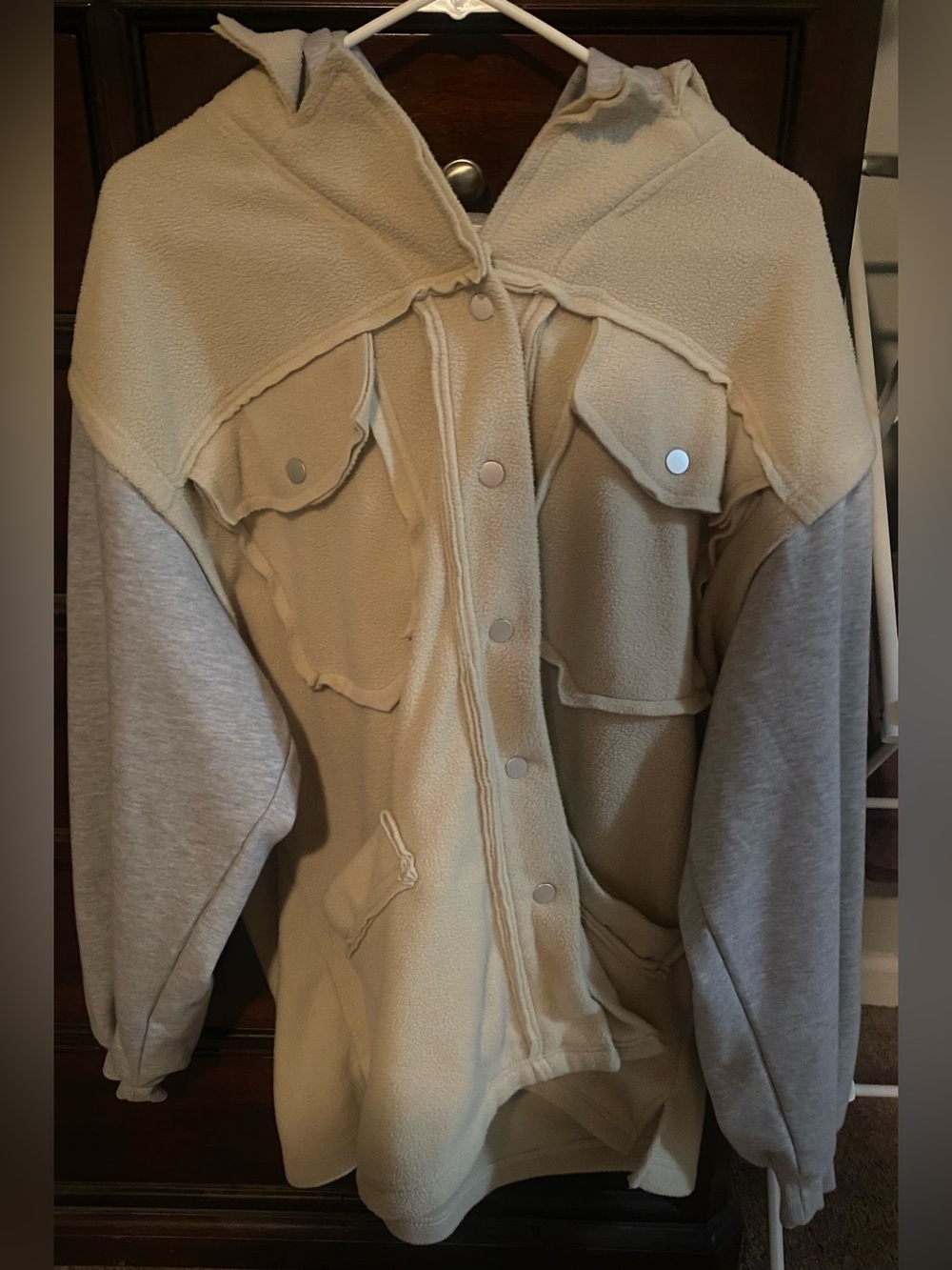 Hooded Two-Tone Fleece Jacket — Cream Body with Gray Sleeves